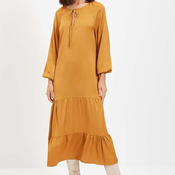 Balloon Sleeve Tie Neck Dress