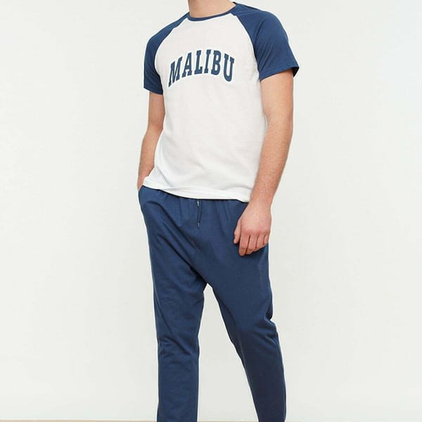 Blue Essential Knitted Top And Pant Men's Pajamas Set