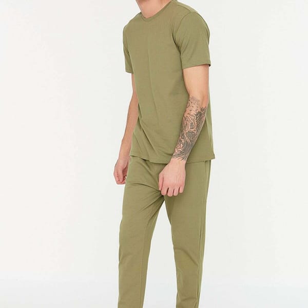 Khaki Essential Knitted Top And Pant Men's Pajamas Set