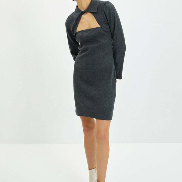 Collar Detailed Corduroy Knitted Dress