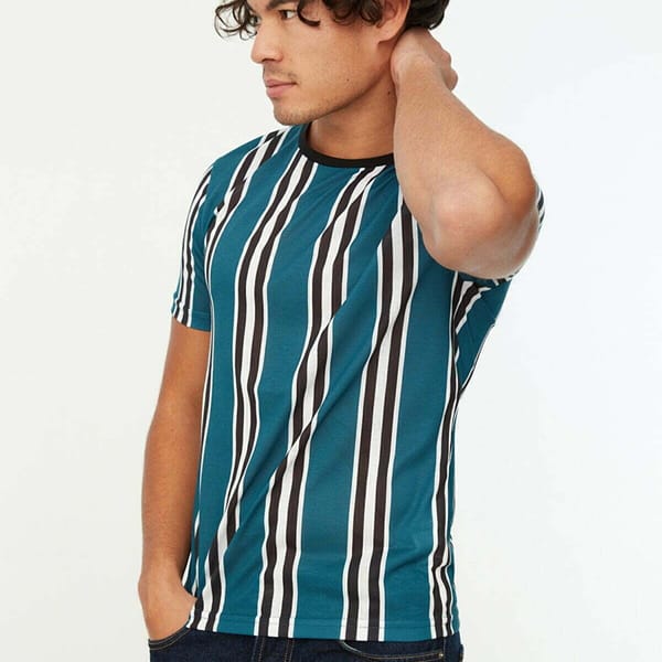 Green Vertical Striped Crew Neck Men's T-Shirt
