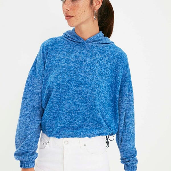 Blue Crew Neck Hoodies Knitted Women's Sweatshirt
