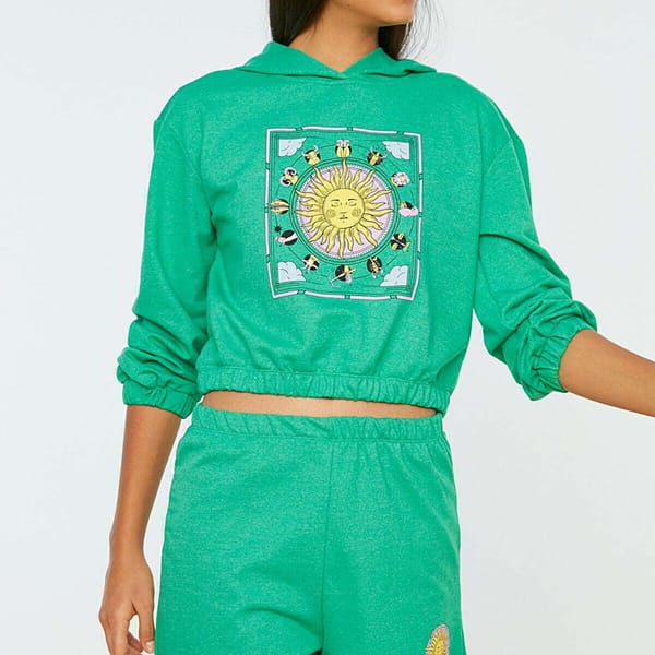 Green Fron Print Knitted Hoodie And Shorts Women's Set