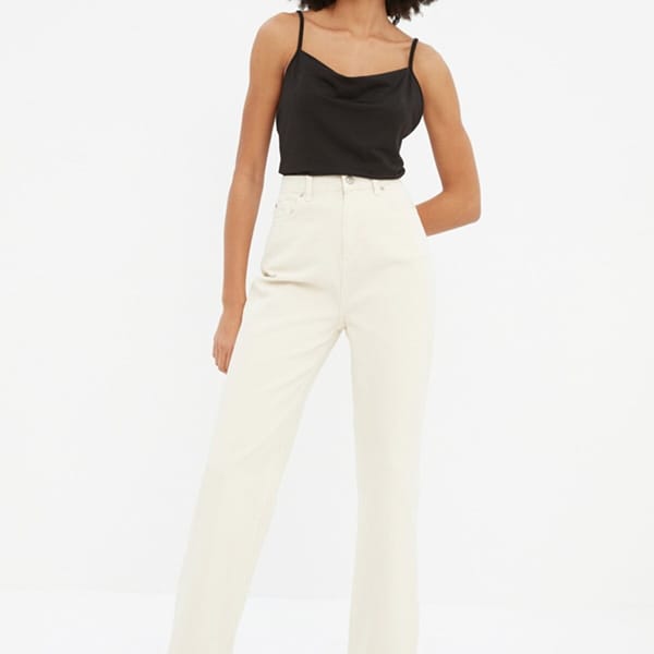Ecru Beige High Waist Straight Women's Jeans