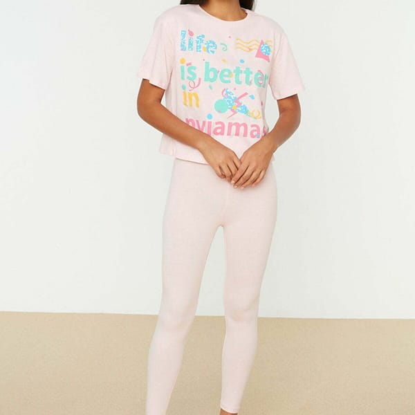 Pink Front Printed Knitted Women's Pyjama Set