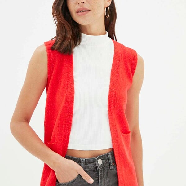 Red Button Down Knitted Vest Cardigan - Cardigans