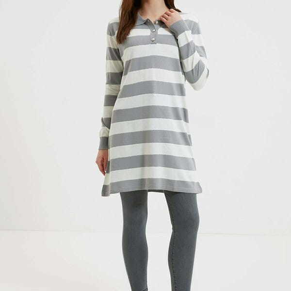 Grey Polo Collar Striped Long Knitwear Sweater - Sweaters
