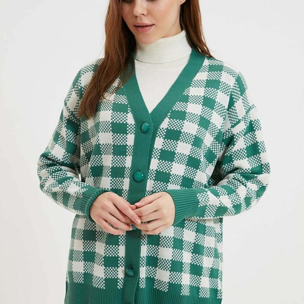 V-Neck Checked Patterned Knitwear Cardigan - Cardigans