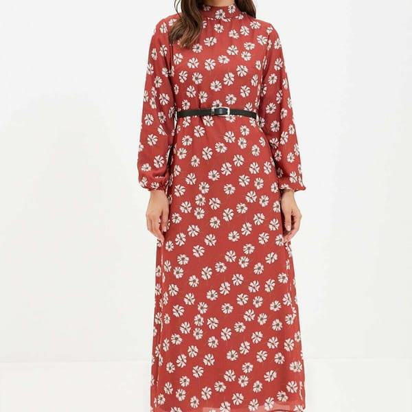Red High Neck Floral Print Long Sleeve Women's Dress