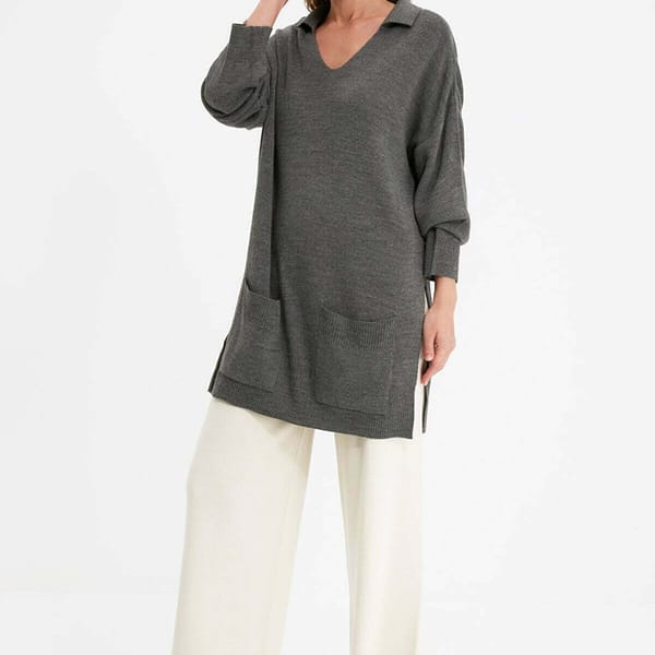 Tunic Double Pocket V-Neck Knitted Women's Sweater