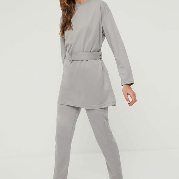 Grey Crew Neck Tunic And Pants Women's Set
