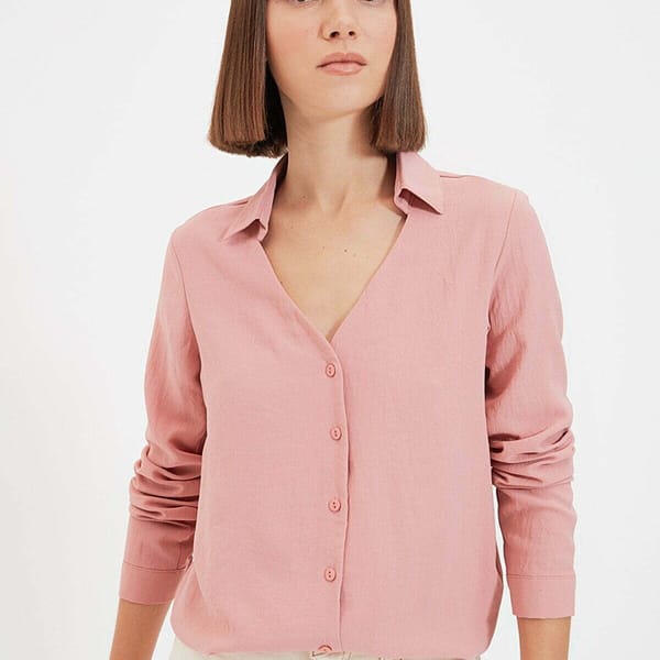 Button Down Rose V Neck Long Sleeve Women's Shirt