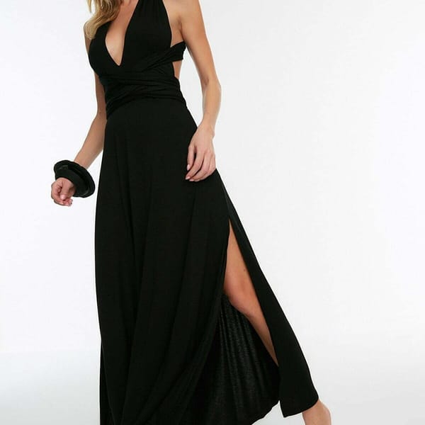 Halter Neck Plunge Black Women's Dress
