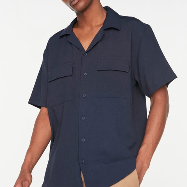 Navy Blue Double Pockets Essential Regular Fit Short Sleeve Men's Shirt