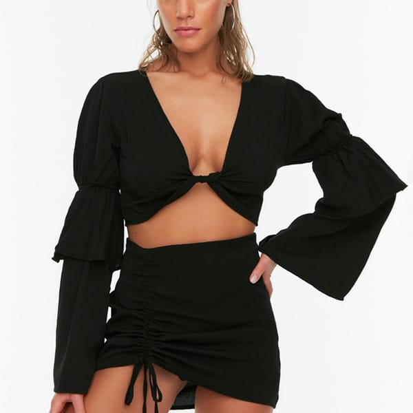 Plunge Neck Crop Top & Ruched Skirt Set