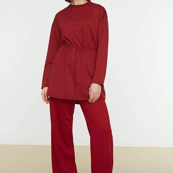 Burgundy Crew Neck Tunic And Straight Pants Women's Set