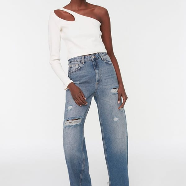 Blue Ripped High Rise Wide Leg Women's Jeans