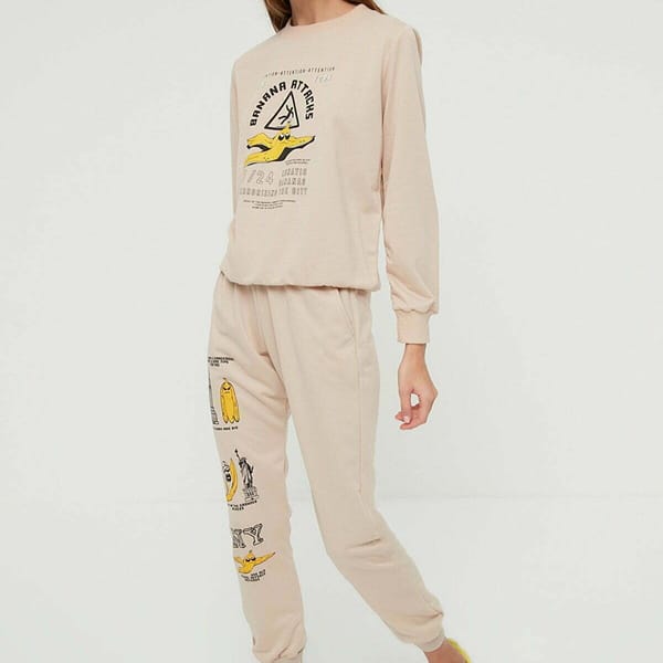 Beige Front Printed Crew Neck Long Sleeve Women's Sweatshirt
