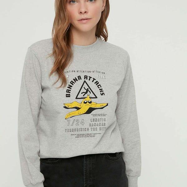 Grey Front Printed Crew Neck Long Sleeve Women's Sweatshirt