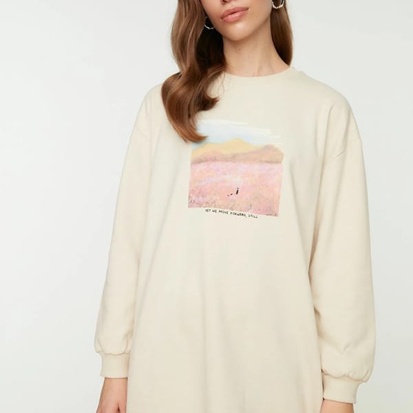 Beige Front Printed Knitted Tunic Women's Sweatshirt