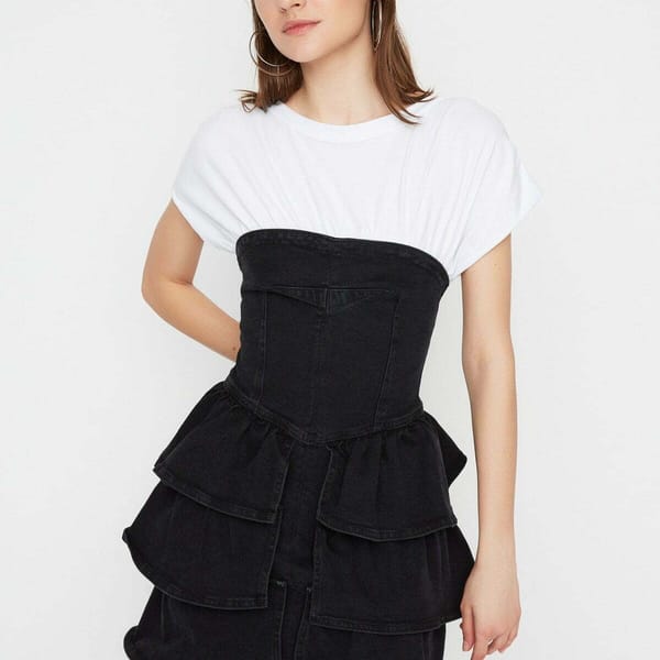 Crew Neck Colorblock Denim Dress