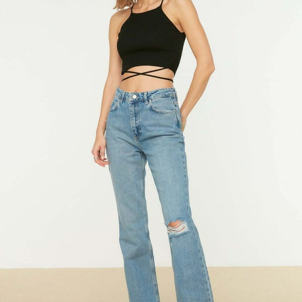 Ripped High Waist Straight Jeans
