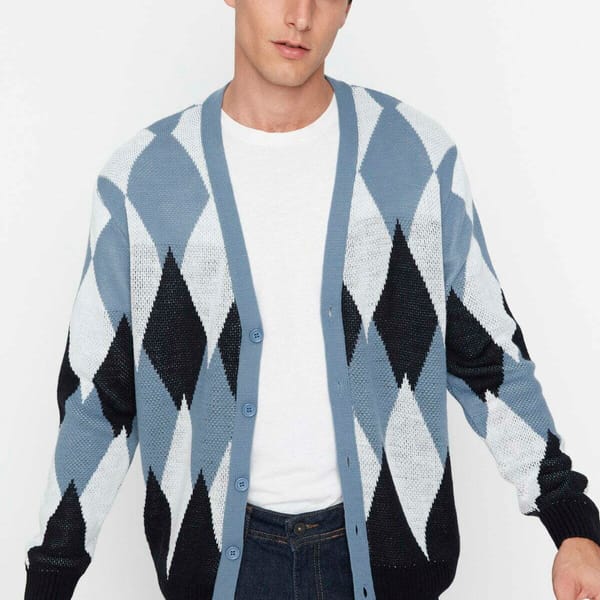 Regular Fit V Neck Lozenge Patterned Knitwear Cardigan