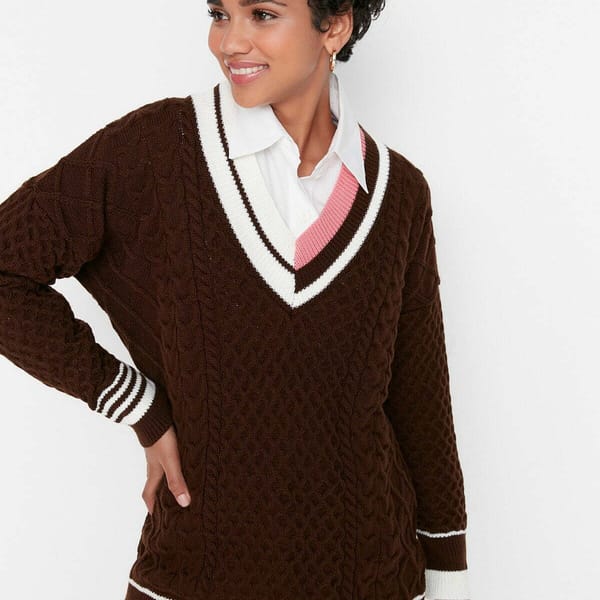 Brown V Neck Knitted Women's Sweater