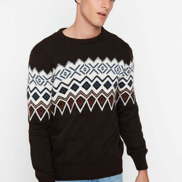 Slim Fit Crew Neck Jacquard Paneled Knitwear Sweater