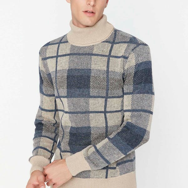 Slim Fit Turtleneck Plaid Checked Turtle Neck Sweater