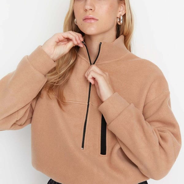 Zipper Detailed Basic Fleece Knitted Sweatshirt