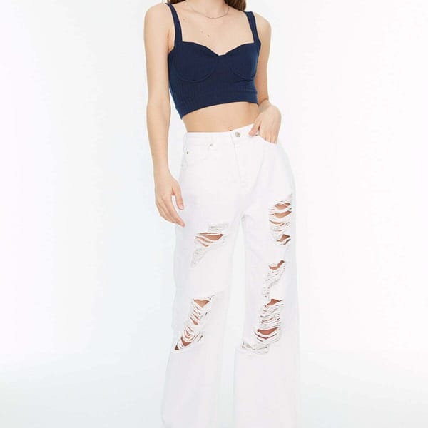 White Ripped High Waist Straight Women's Jeans