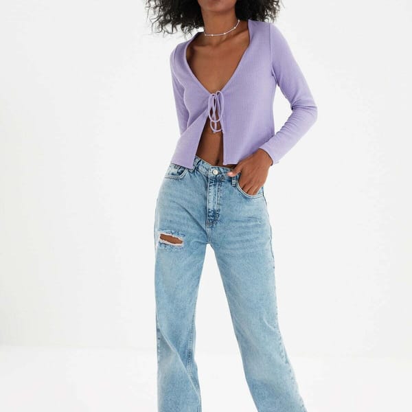 Ripped Detailed High Waist Wide Leg Jeans
