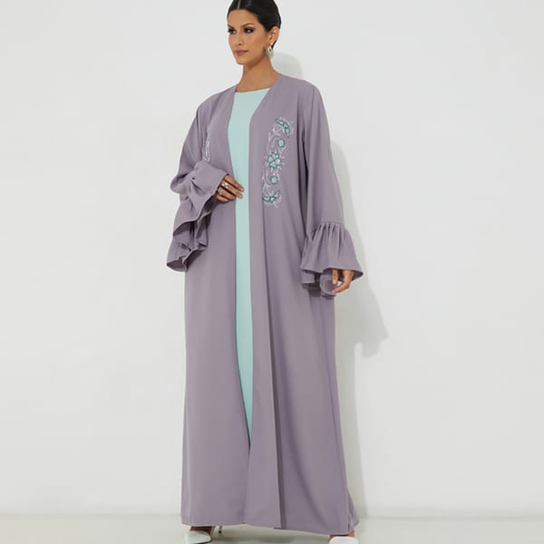 Purple Open Abaya With Embroidery Design And Blue Dress In Side