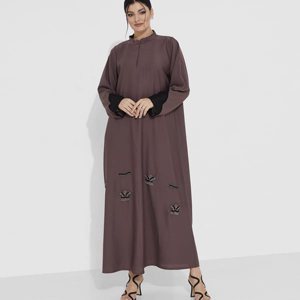 Purple Close Abaya With Black Embroidary Design And Chiffon Sleeves + Belt