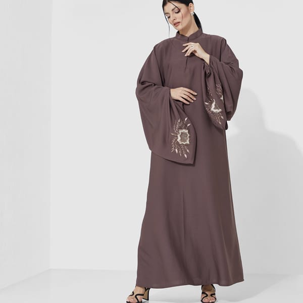 Purple Close Abaya With Embroidary Design On On Sleeves & Wide Sleeves + Belt