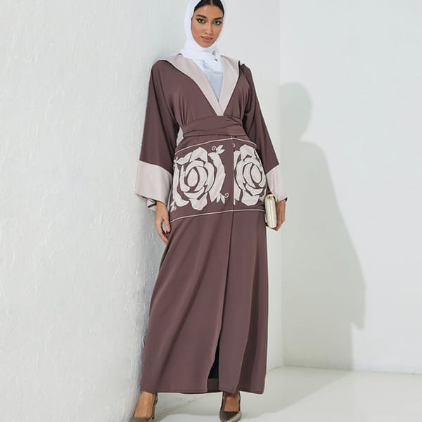 Purple Abaya With Pearl Pocket Flower Design