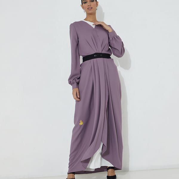 Purple Draped Abaya With Black Belt Design