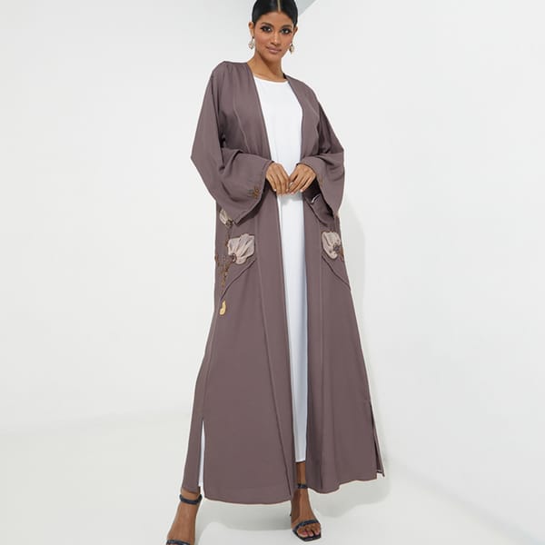 Purple Open Abaya With Pink Organza Flower And Gold Stone Design Plus Belt
