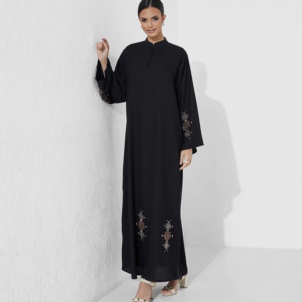 Closed Abaya With Embroidery Silver And Brown Stone Design