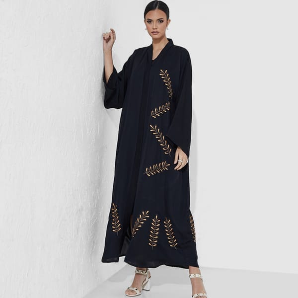 Open Abaya With Brown Leaves Stitching Hand Embroidery