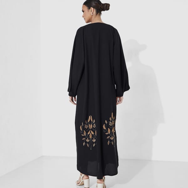 Abaya With Leaves Front And Back Stitching Design