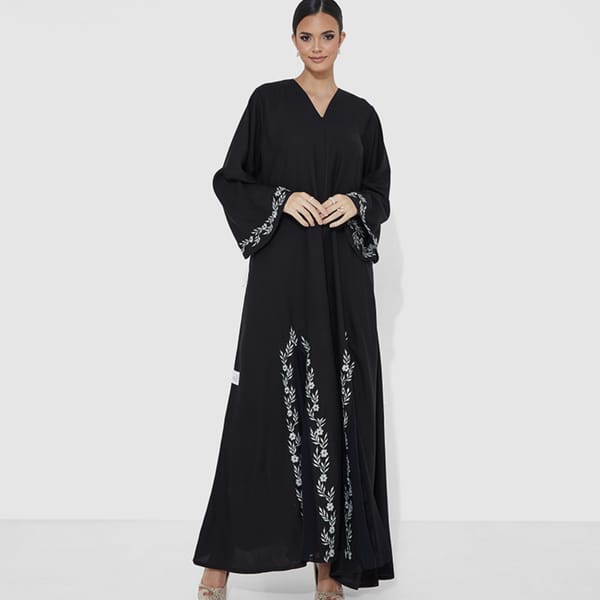 French Abaya With Silver Flower Chiffon Design & Hand Embroidery