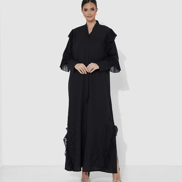 Abaya With Black Embroidery Open Side And Chiffon