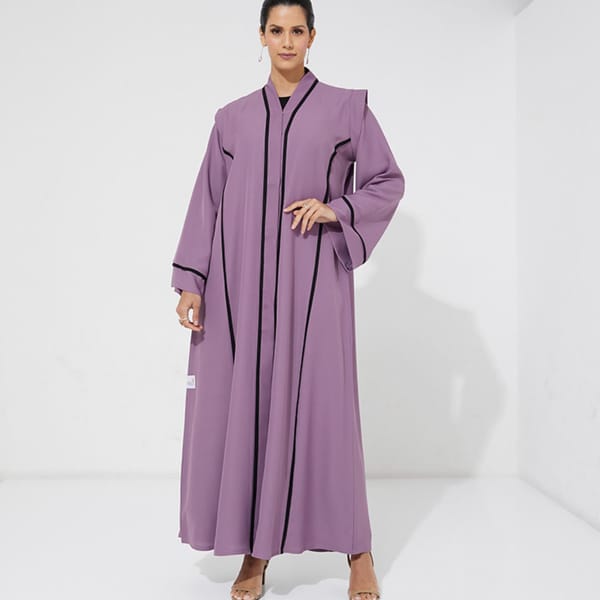 Purple Open Abaya With Black Lines And Design Cutting