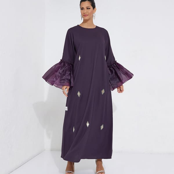 Qg Purple Dress Abaya With Hand Embroidery Design And Organza Sleeves