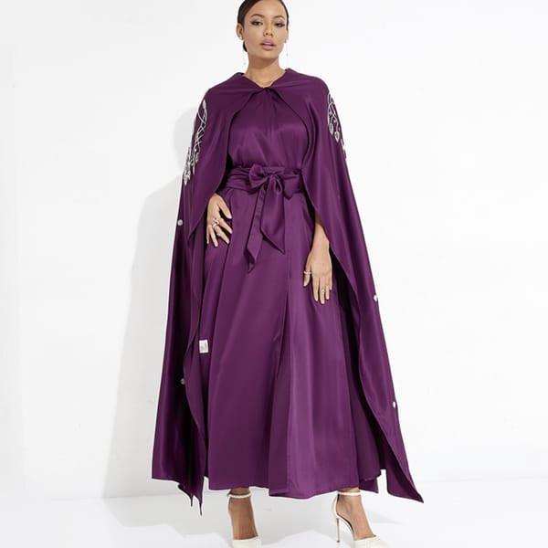 Purple Flowing Dress Abaya With Long Sleeves And Pearl Hand Embroidery Elegant & Stylish