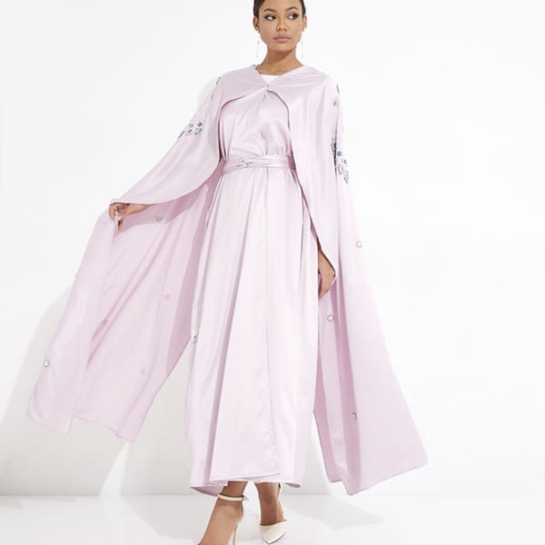 Pink Flowing Dress Abaya With Hand Embroidered Pearls & Flowing Sleeves