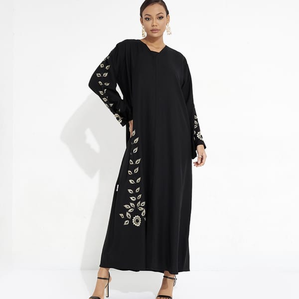 Sd Stones Black Abaya: Elegant Embroidery With Black Stones Design On Sleeves