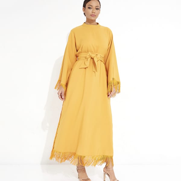 Goldenrod Abaya - Casual Fringe Design With Belt